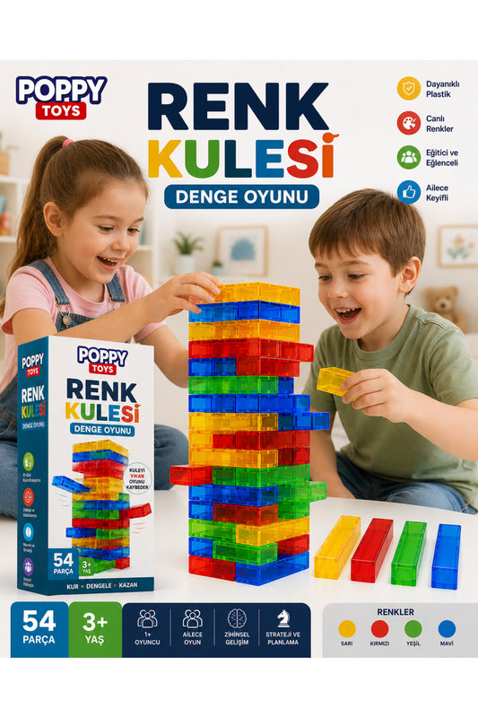 Denge Oyunu Jenga Plastik Renkli 54 Parça Zeka Oyunu-Ailece Oynanır-Kutu Oyunu
