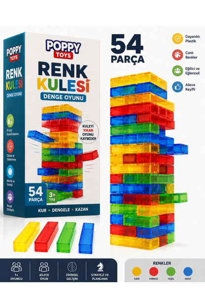 Denge Oyunu Jenga Plastik Renkli 54 Parça Zeka Oyunu-Ailece Oynanır-Kutu Oyunu