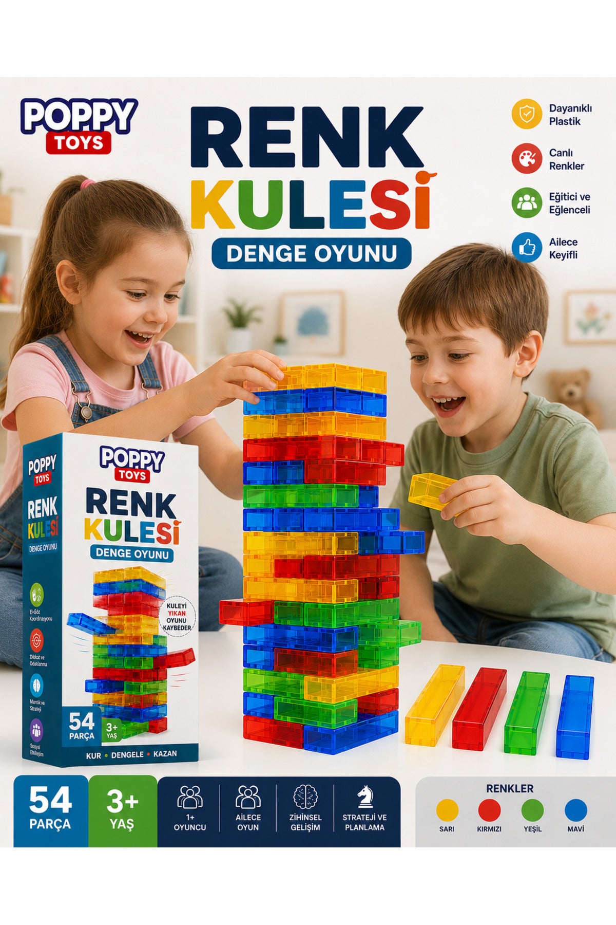 Denge Oyunu Jenga Plastik Renkli 54 Parça Zeka Oyunu-Ailece Oynanır-Kutu Oyunu