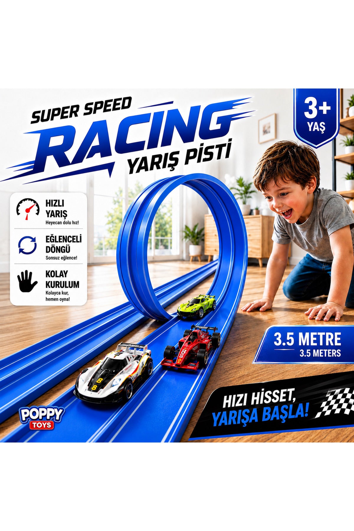 3.5m Esnek Yarış-Araba Pisti Kıvrılabilir Mavi Renk - Super Speed Racing