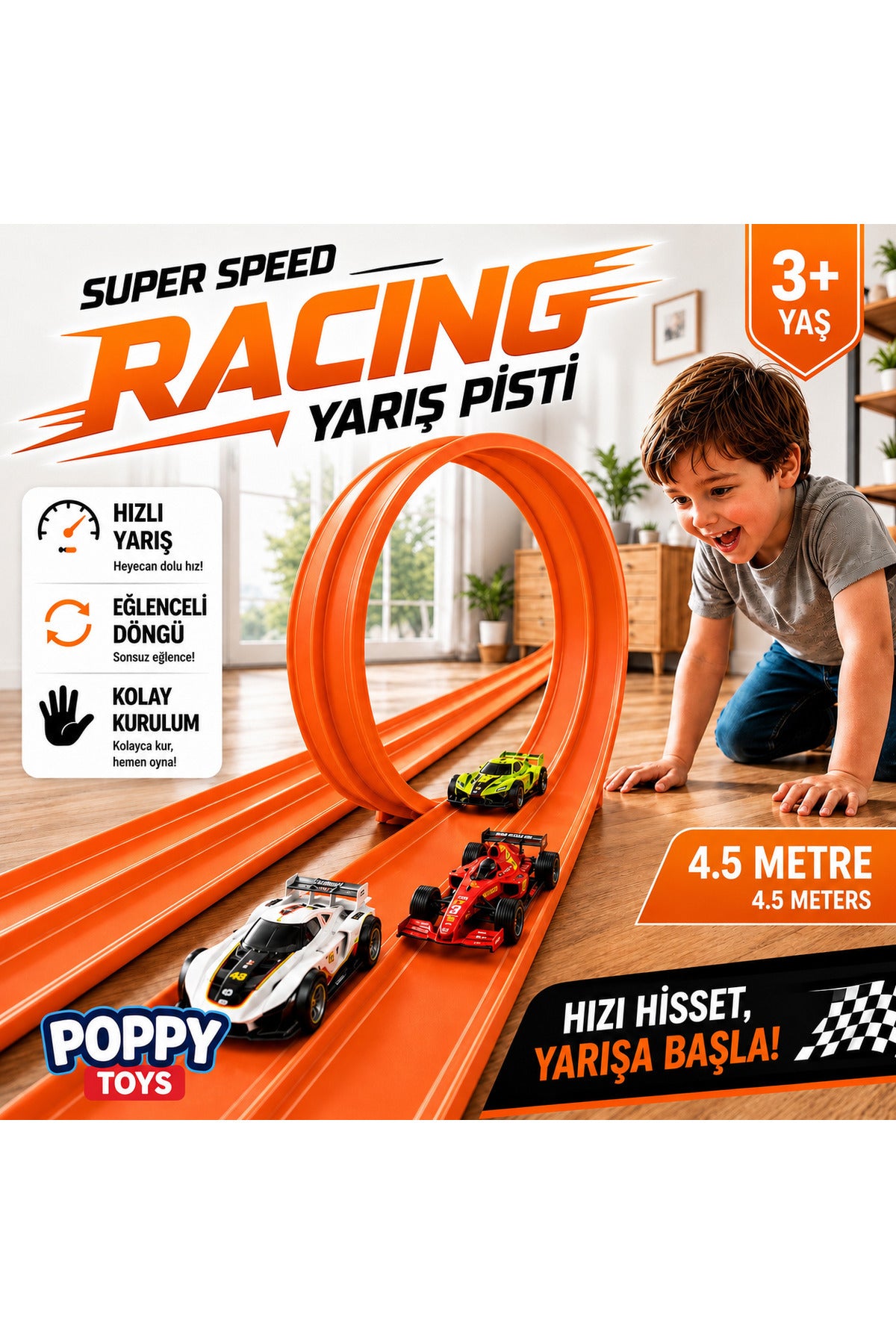 Track Turuncu Renk Esnek Yarış-Aksiyon Pisti 4.5 Mt - Kıvrılabilir Flex track
